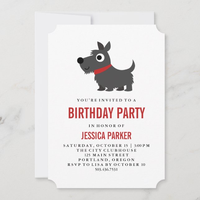 Invitación Partido de cumpleaños negro y rojo de perro escocé (Anverso)