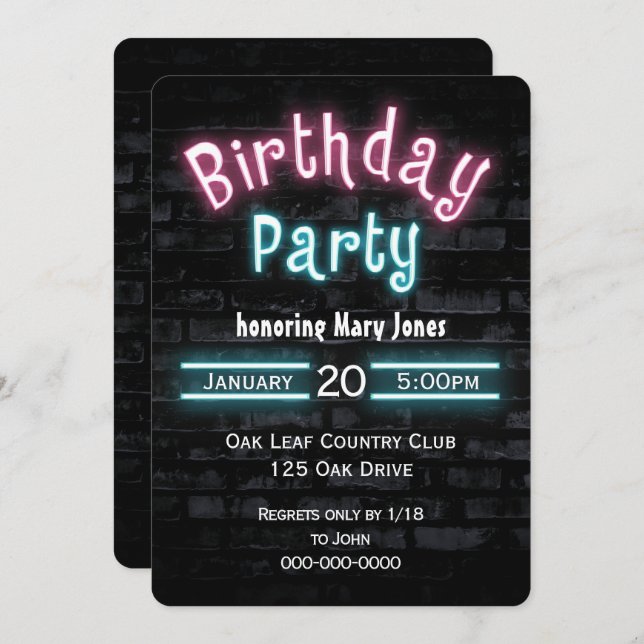Invitación Partido de Cumpleaños Neon Glow Rótulo en la pared (Anverso / Reverso)