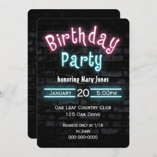 Invitación Partido de Cumpleaños Neon Glow Rótulo en la pared