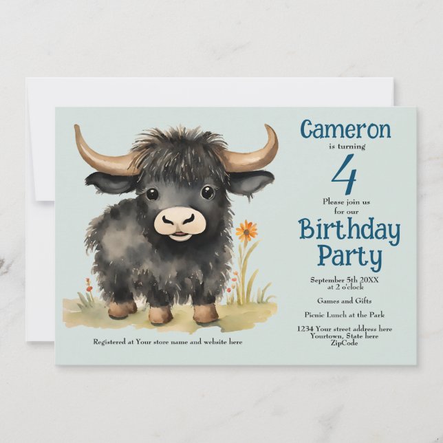 Invitación Partido de cumpleaños neutral de género de vaca de (Anverso)