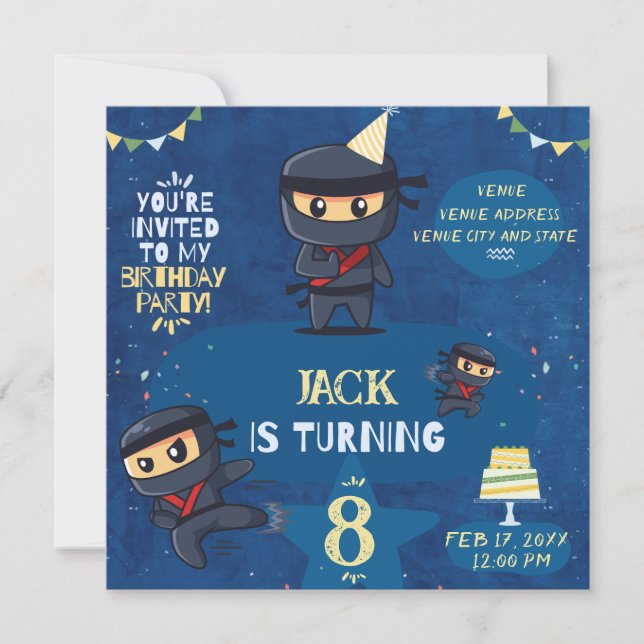 Invitación Partido de cumpleaños Ninja Invita a Verde Amarill (Anverso)