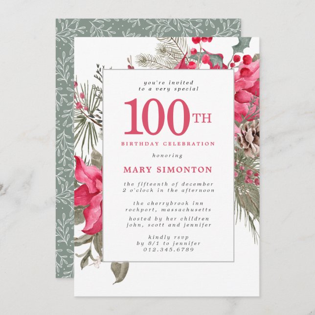 Invitación Partido de cumpleaños número 100 de Red Floral Poi (Anverso / Reverso)