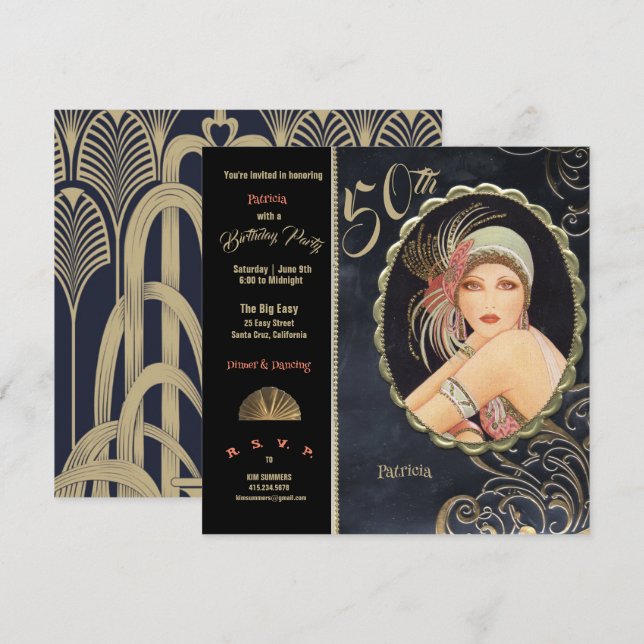 Invitación Partido de cumpleaños número 50 del Art Deco, Chic (Anverso / Reverso)