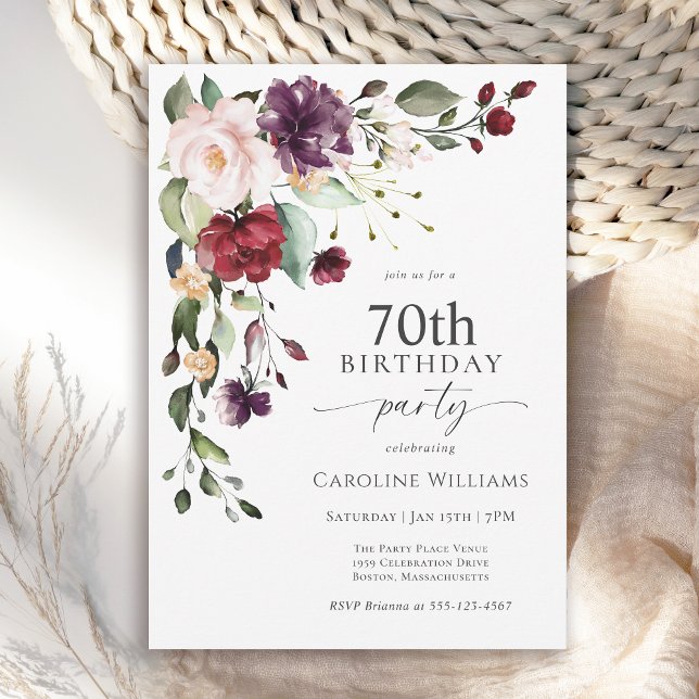Invitación Partido de cumpleaños número 70 de Boho Red and Pu (Available in both printed and instant download digital formats.)