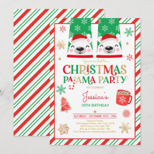 Invitación Partido de Cumpleaños Pajama, Navidades Rojos Y Or