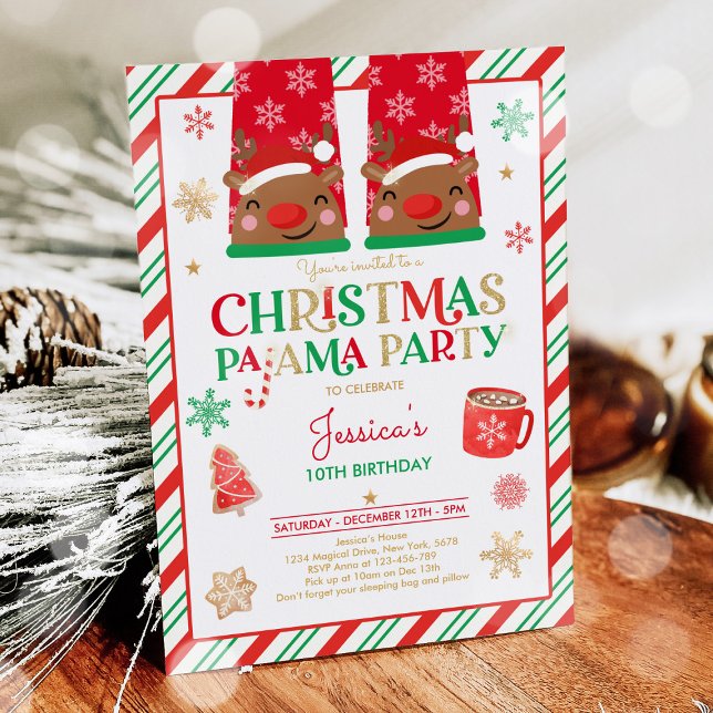 Invitación Partido de Cumpleaños Pajama, Navidades Rojos Y Or (Subido por el creador)