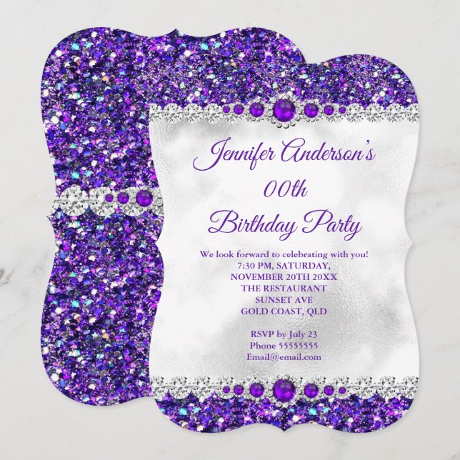 Invitación Partido de cumpleaños Pearl Diamond, Purpurina bla (Anverso / Reverso)