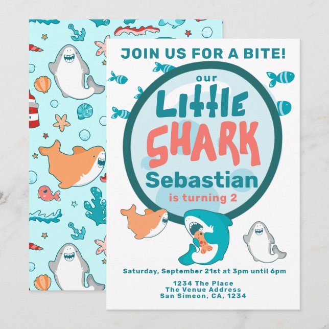 Invitación Partido de cumpleaños personalizado de los tiburon (Anverso / Reverso)