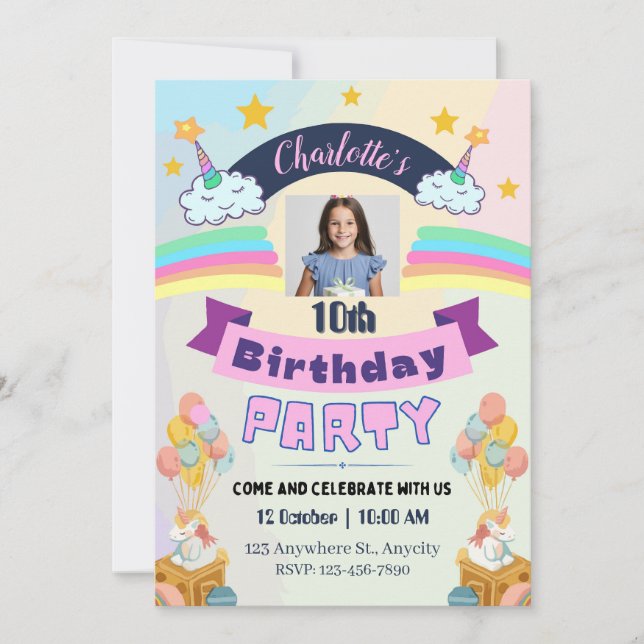 Invitación Partido de Cumpleaños Personalizado del Arcoiris d (Anverso)