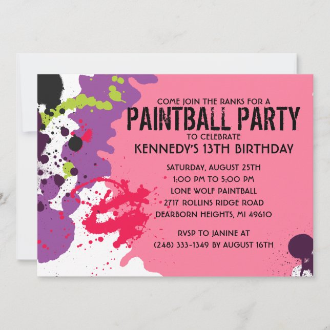 Invitación Partido de cumpleaños "Pintball" de "Pintball" ros (Anverso)