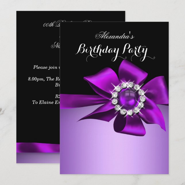 Invitación Partido de Cumpleaños Purple Pearl Diamond Bow (Anverso / Reverso)