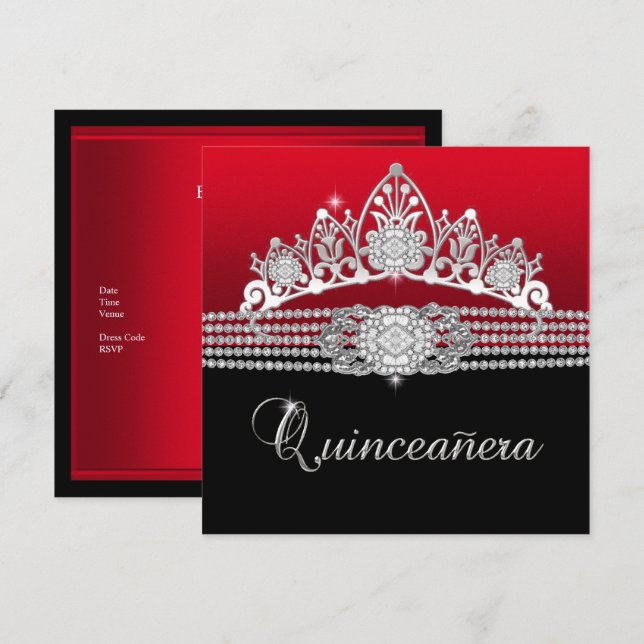 Invitación Partido de cumpleaños Quinceanera Diamante Rojo Ne (Anverso / Reverso)