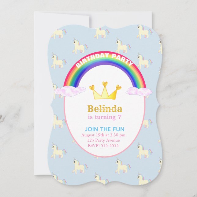 Invitación Partido de cumpleaños Rainbow, Crown y Unicornios (Anverso)