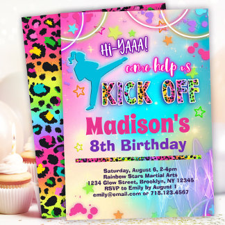Invitación Partido de cumpleaños Rainbow Leopard Karate