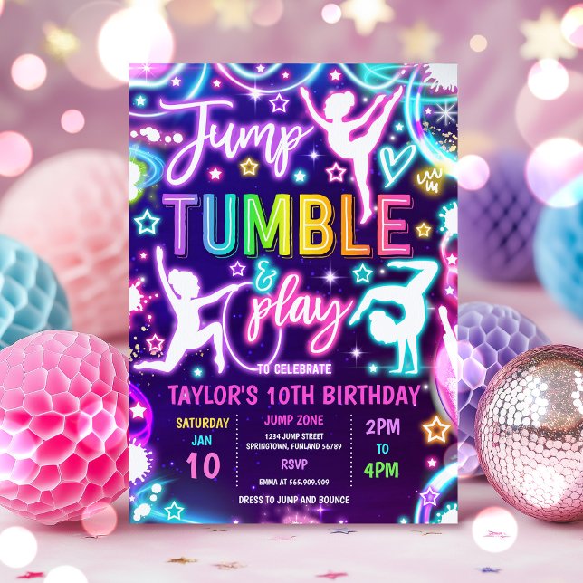 Invitación Partido de cumpleaños Rainbow Neon Glow Jump Gymna (Subido por el creador)