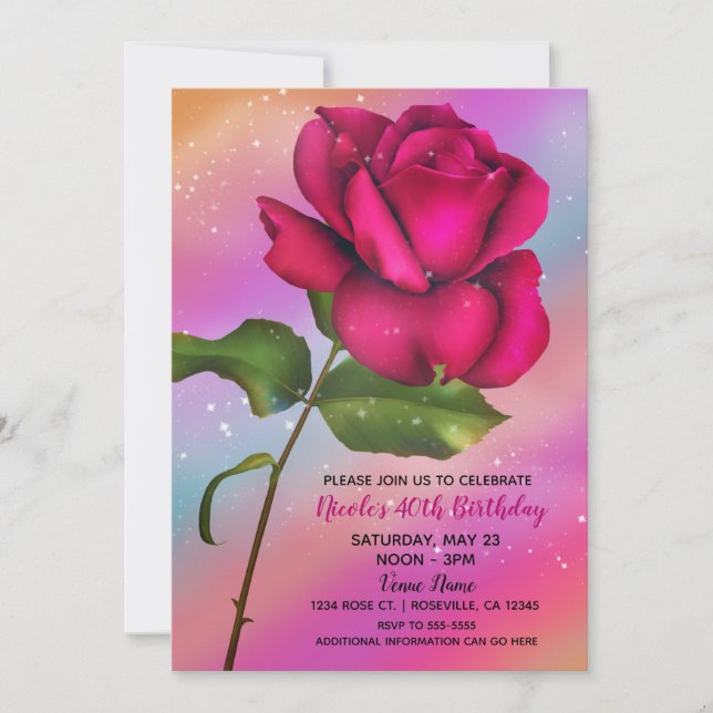 Invitación Partido de cumpleaños Rainbow Pastel, Rosa de espu (Anverso)