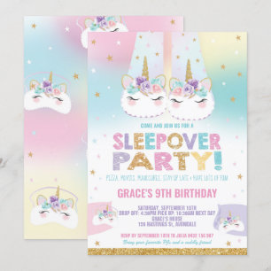 Invitación Partido de cumpleaños Rainbow Unicorn Sleepover Pa