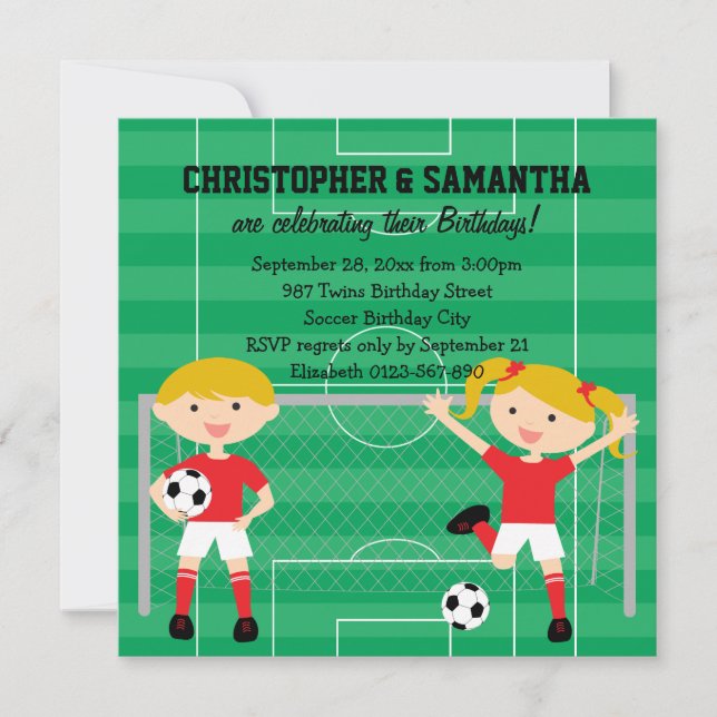 Invitación Partido de cumpleaños Red and White Twins Soccer v (Anverso)