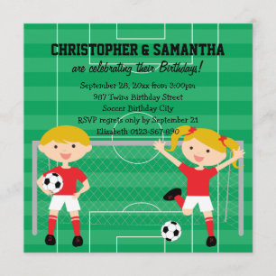 Invitación Partido de cumpleaños Red and White Twins Soccer v