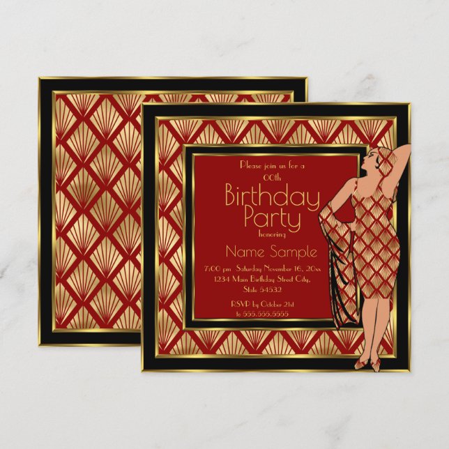 Invitación Partido de Cumpleaños Red Black Gold Art Deco 1930 (Anverso / Reverso)