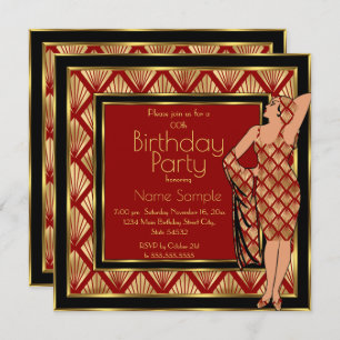 Invitación Partido de Cumpleaños Red Black Gold Art Deco 1930