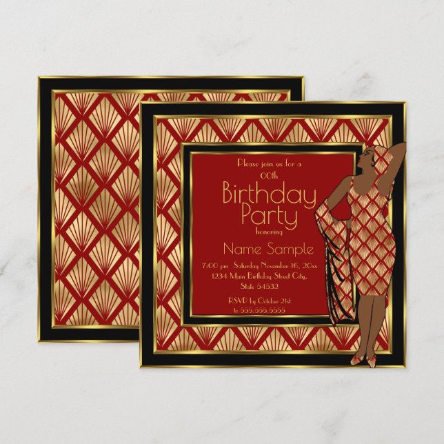 Invitación Partido de Cumpleaños Red Black Gold Art Deco 1930 (Anverso / Reverso)