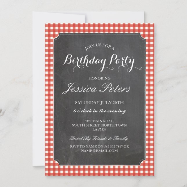 Invitación Partido de Cumpleaños Red Check Rustic Chalk Invit (Anverso)