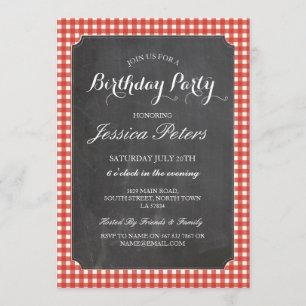 Invitación Partido de Cumpleaños Red Check Rustic Chalk Invit
