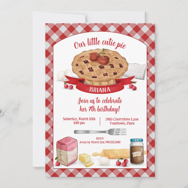 Invitación Partido de Cumpleaños Red Gingham Cherry Cutie (Anverso)