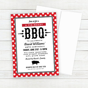 Invitación Partido de Cumpleaños Red Gingham Plaid Pig Roast 