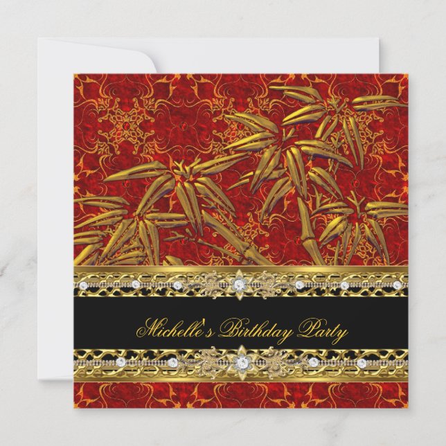 Invitación Partido de Cumpleaños Red Gold Bamboo Damask Image (Anverso)