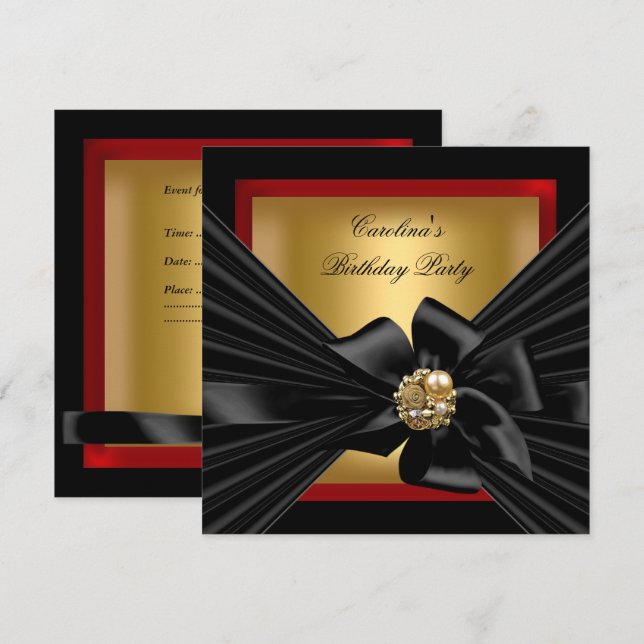 Invitación Partido de Cumpleaños Red Gold Black Bow (Anverso / Reverso)