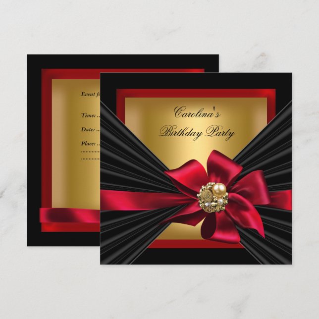 Invitación Partido de Cumpleaños Red Gold Black Bow Jewel (Anverso / Reverso)