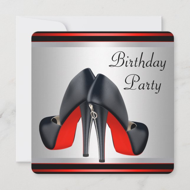 Invitación Partido de cumpleaños Red High Heel Shoel Red y Bl (Anverso)