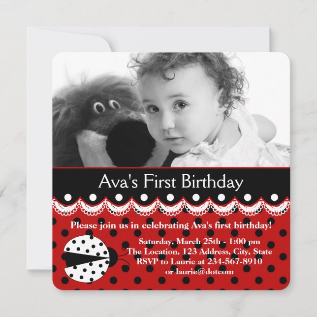 Invitación Partido de Cumpleaños Red Ladybug (Anverso)