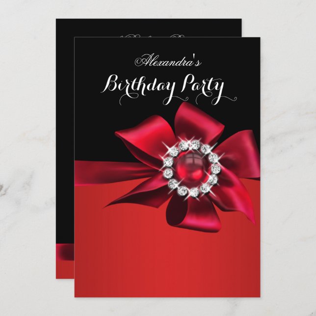 Invitación Partido de Cumpleaños Red Pearl Diamond Bow (Anverso / Reverso)
