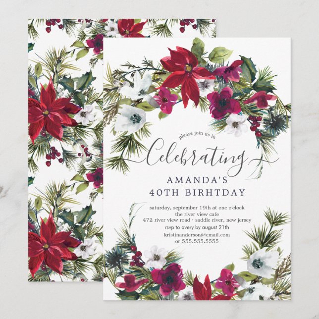 Invitación Partido de Cumpleaños Red Poinsettia Holly Pine (Anverso / Reverso)