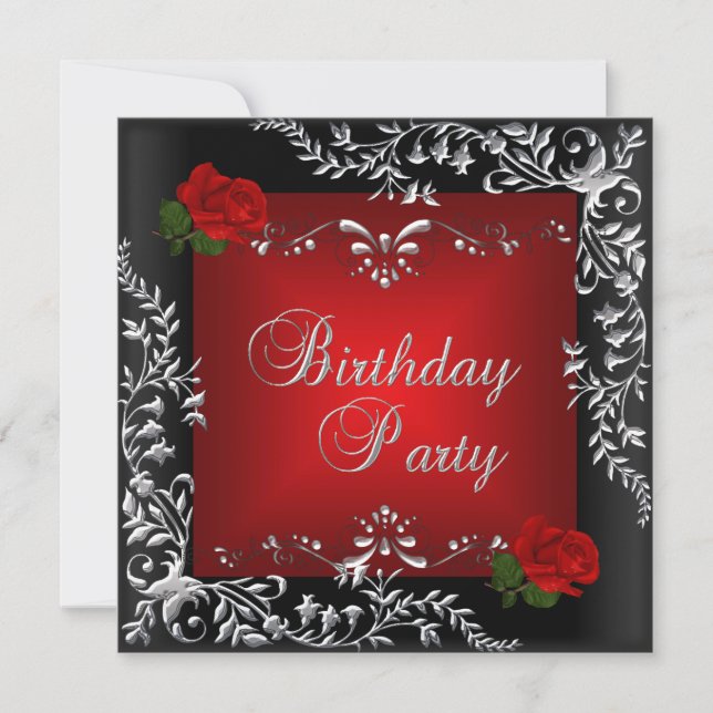 Invitación Partido de Cumpleaños Red Rose Silver Floral Black (Anverso)