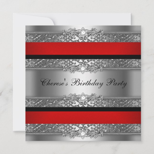 Invitación Partido de Cumpleaños Red Silver Black Diamond (Anverso)