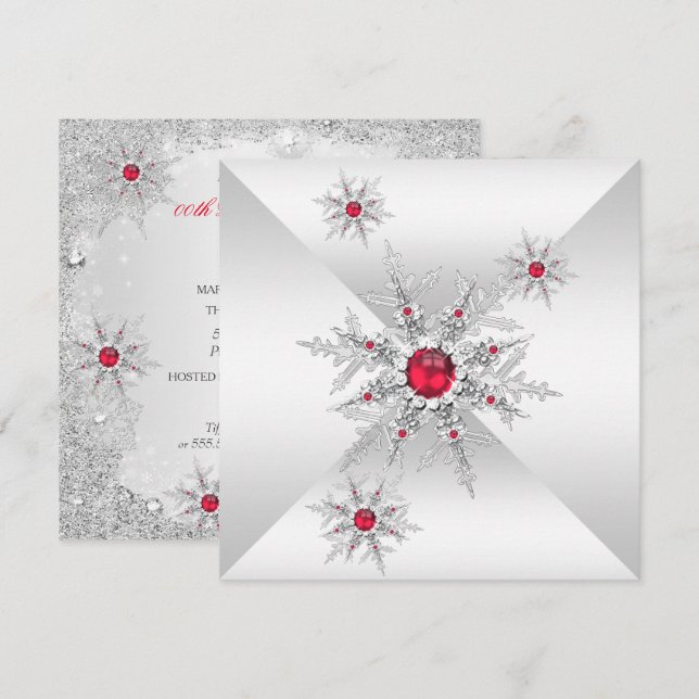 Invitación Partido de Cumpleaños Red Snowflakes Winter Wonder (Anverso / Reverso)