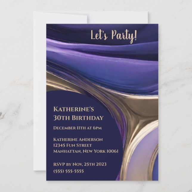 Invitación Partido de Cumpleaños-Resumen Azul, Púrpura y Oro- (Anverso)