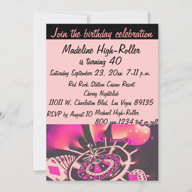 Invitación Partido de cumpleaños Rosa Black del Casino de Las (Anverso)