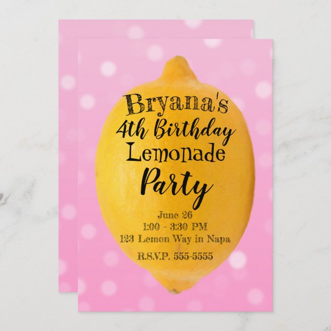Invitación Partido de cumpleaños rosa Lemonade Lemon Amarillo (Anverso / Reverso)