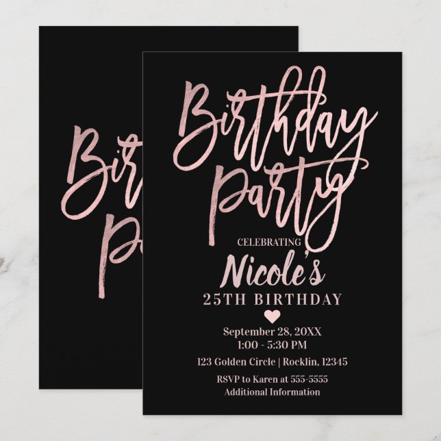 Invitación Partido de Cumpleaños Rosa Relieve metalizado dora (Anverso / Reverso)