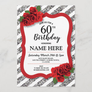 Invitación Partido de Cumpleaños Roses Rojos Gris Purpurina P