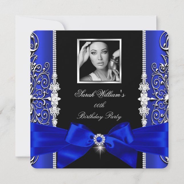Invitación Partido de cumpleaños Royal Blue Bow Black Silver  (Anverso)