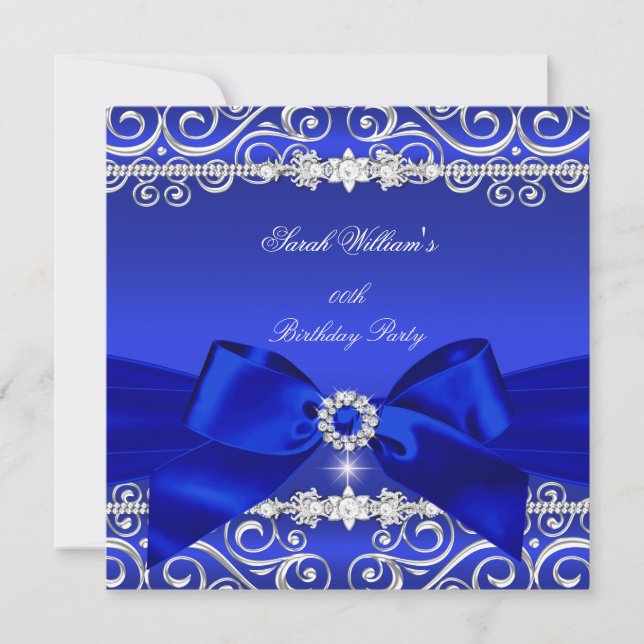 Invitación Partido de cumpleaños Royal Blue Bow Black Silver (Anverso)