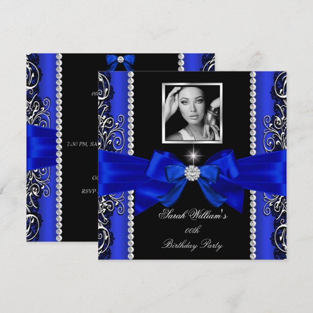 Invitación Partido de cumpleaños Royal Blue Bow Black Silver  (Anverso / Reverso)