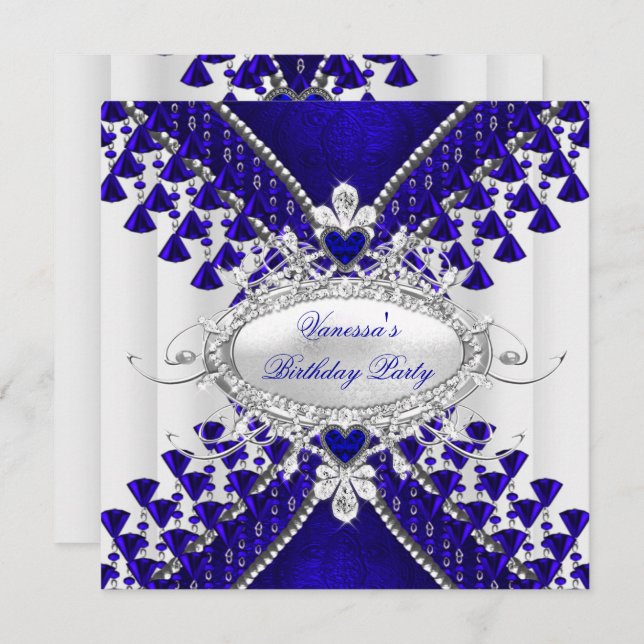 Invitación Partido de Cumpleaños Royal Blue White Heart Diamo (Anverso / Reverso)