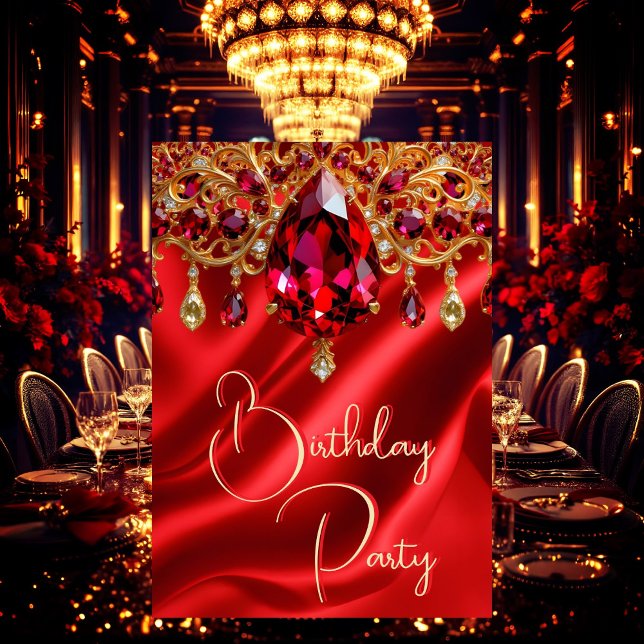 Invitación Partido de cumpleaños Ruby de seda joya roja (Subido por el creador)